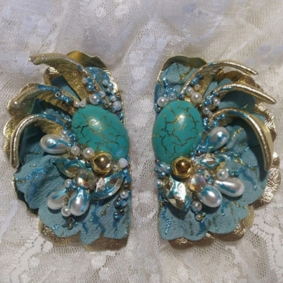 Zee Vintage Earrings 1980s Clip Real Leather Faux Stones Turquoise OS - Picture 3 of 9